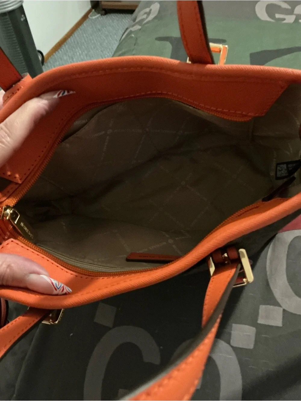 Michael Kors Brown Signature Satchel with Orange Trim